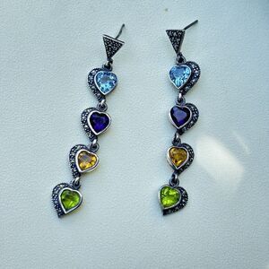 Sterling Silver Marcasite Heart Dangle Earrings Gemstone Amethyst Citrine Topaz